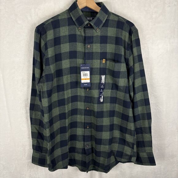 IZOD Stratton Flannel Button Up Shirt Green Blue Plaid Size Small NWT - Picture 1 of 6